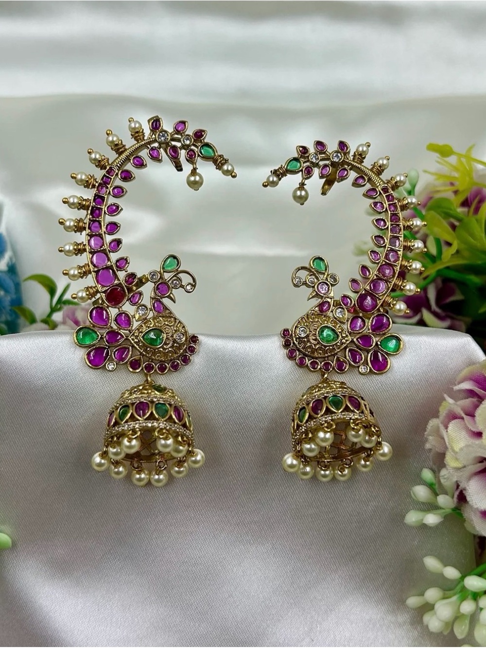 Traditional Gold-Tone Jhumka Earrings Cuff with Pink and Green Stones